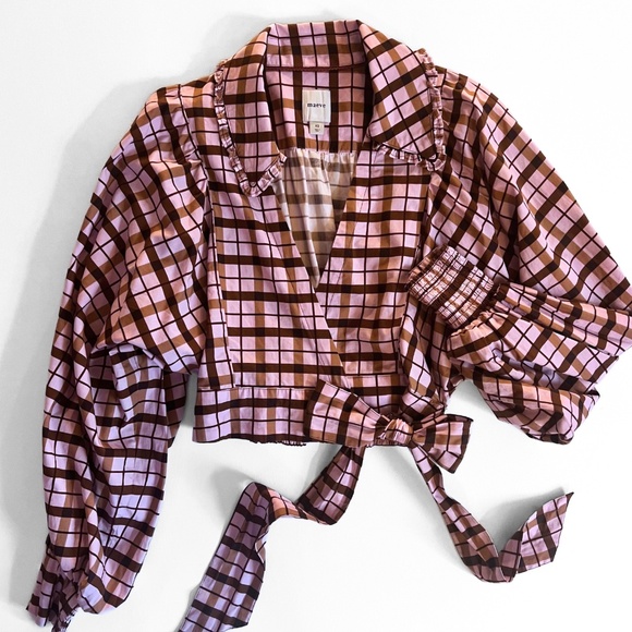 Anthropologie Maeve Bubble Sleeve Tie Front Babydoll Blouse Pink Plaid XS EUC - Picture 1 of 6